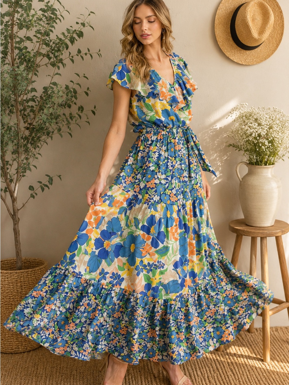 Flying Tomato Blue Multi Floral Ruffled Maxi Dress